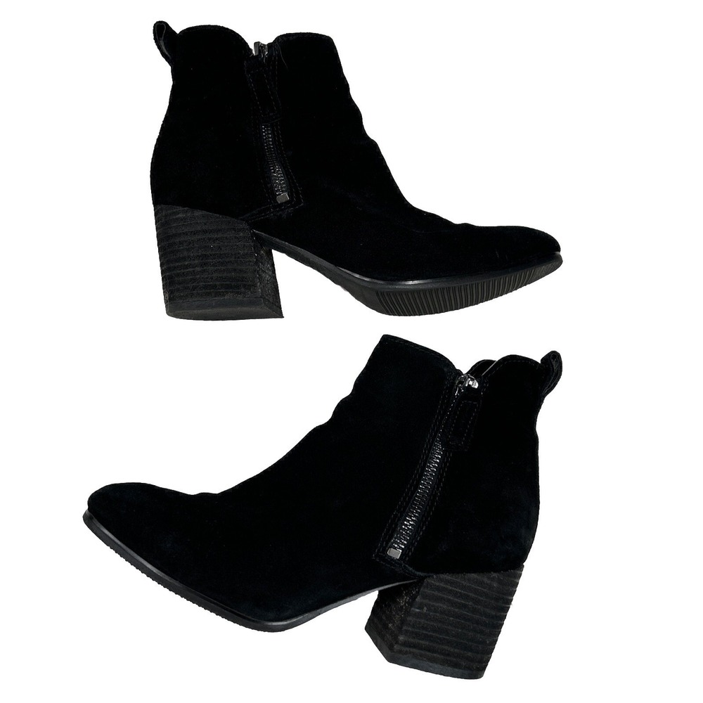 Blondo B7125 Black Suede Waterproof Ankle Boots Womens 7M Stacked Block Heel